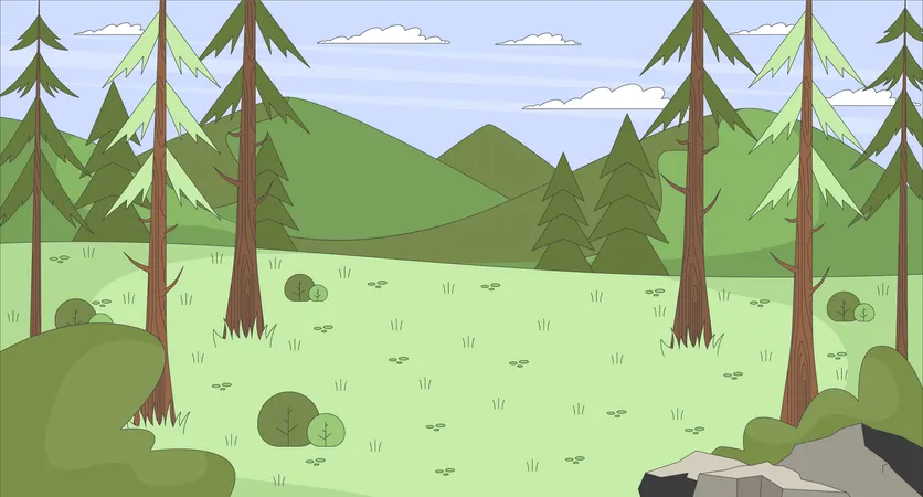Clairière de forêt de montagne avec pins et collines  Illustration