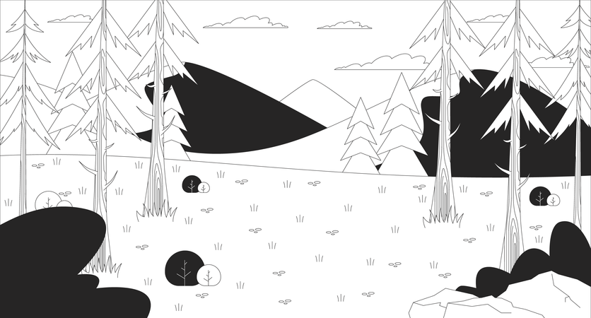 Clairière de forêt de montagne avec pins et collines  Illustration