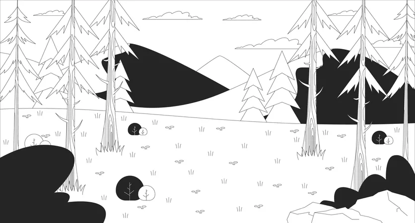 Clairière de forêt de montagne avec pins et collines  Illustration