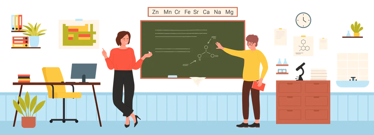 Clase de química con profesor y alumno en la escuela.  Ilustración