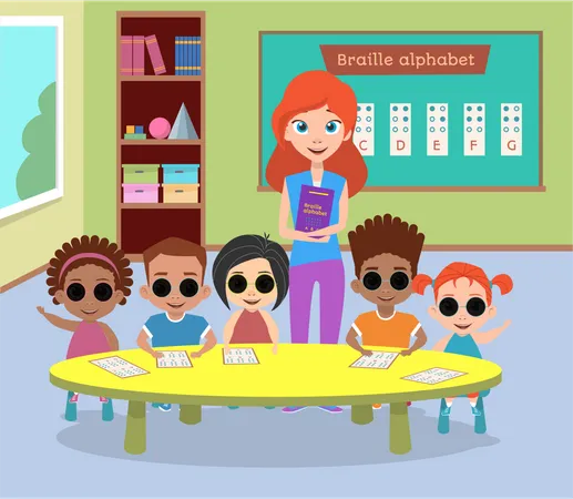 Clase especial de niños ciegos con gafas.  Ilustración