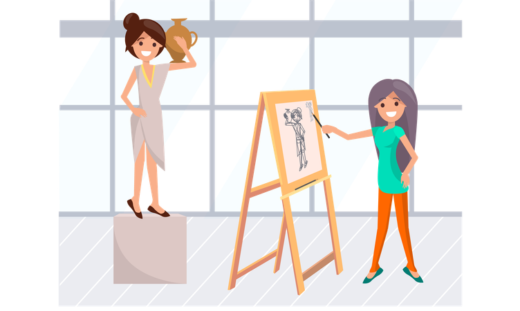 Clases de retrato de mujer artista y modelo posando  Ilustración