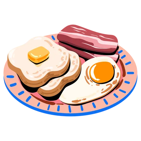 Enjoy A Hearty Breakfast Plate Featuring Sunny Side Up Eggs Crispy Bacon And Buttered Toast All Served On A Decorative Plate For A Fulfilling Start To Your Day Illustration