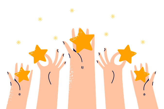 Avaliações com estrelas nas mãos do usuário e para feedback, permitindo que outros conheçam a qualidade do serviço  Ilustração