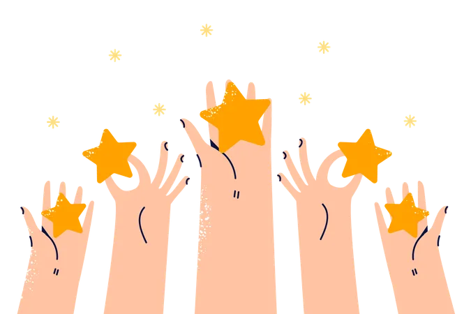 Avaliações com estrelas nas mãos do usuário e para feedback, permitindo que outros conheçam a qualidade do serviço  Ilustração