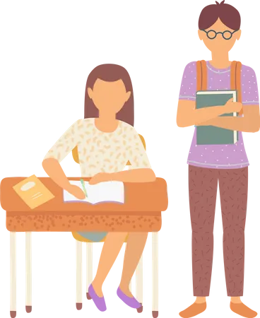 Boy And Girl Classmates In School Vector Isolated Schoolboy And Schoolgirl Flat Style Characters Female Sitting By Wooden Desk Writing Composition Back To School Concept Flat Cartoon Illustration