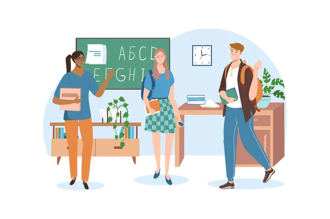 School Blue Concept With People Scene In The Flat Cartoon Style Classmates Met Before Class To Discuss Some Questions Vector Illustration Illustration
