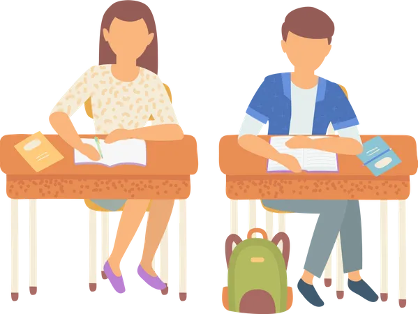 Classmates Boy And Girl Vector Isolated Schoolboy And Schoolgirl Writing In Notebooks Wooden Desks With Books And Supplies Bag Satchel Of Character Back To School Concept Flat Cartoon Illustration