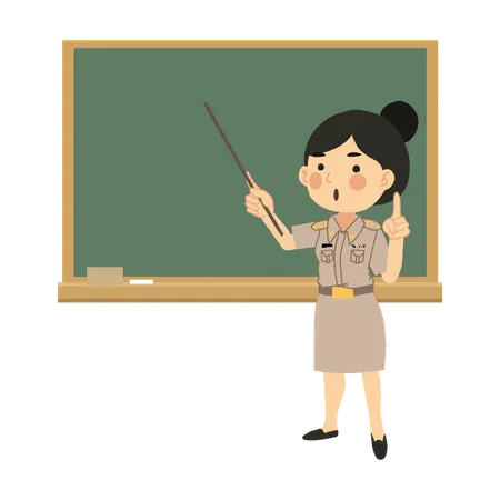 Classroom Learning Asian Woman Educator Teaching With Pointer Stick And Chalkboard Illustration