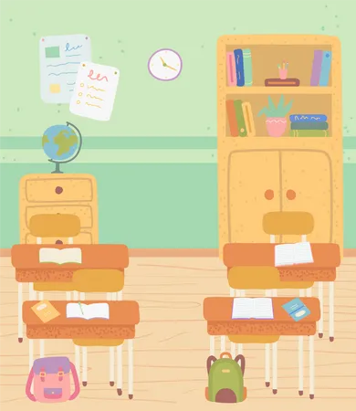 Classroom Interior Vector Room With Desks And School Supply Globe And Shelves With Books Satchels Bags Of Students Workplace With Textbooks And Pens Back To School Concept Flat Cartoon Illustration
