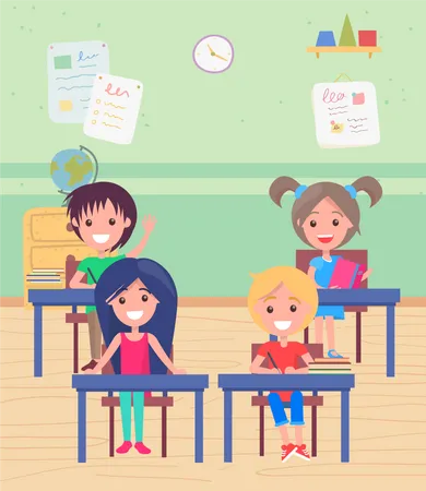 School Education Vector Pupils Sitting By Desk Answering Questions Classroom With Tables And Chairs Globe And Chest Of Drawers Studying Kids Back To School Concept Flat Cartoon Illustration