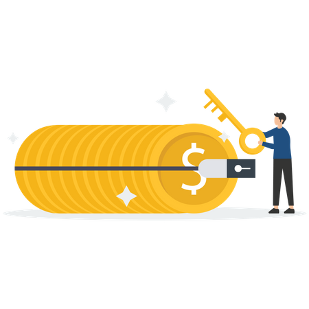 Succès financier clé. débloquez une récompense secrète pour une opportunité d'investissement, une solution de richesse pour gagner de l'argent et gagner un concept de profit.  Illustration