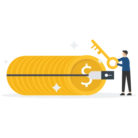 Succès financier clé. débloquez une récompense secrète pour une opportunité d'investissement, une solution de richesse pour gagner de l'argent et gagner un concept de profit.  Illustration