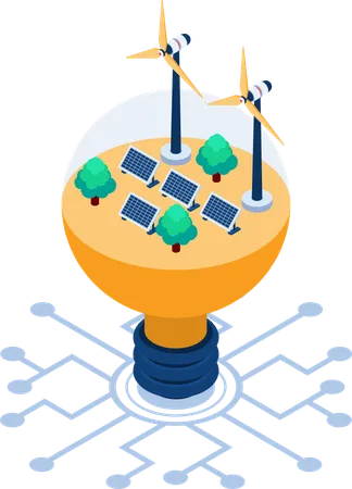 Flat 3 D Isometric Solar Cell And Wind Turbine Inside Light Bulb Clean Energy And Renewable Power Concept Illustration