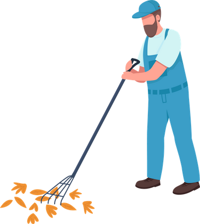Cleaner collecting leaves with rake Illustration