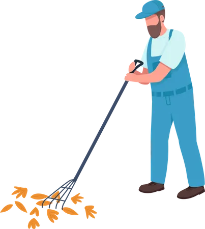 Cleaner collecting leaves with rake  Illustration
