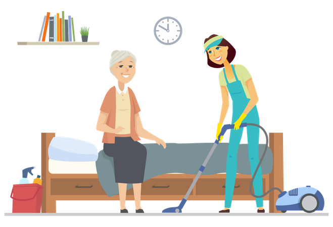 Cleaner helping senior woman  Illustration