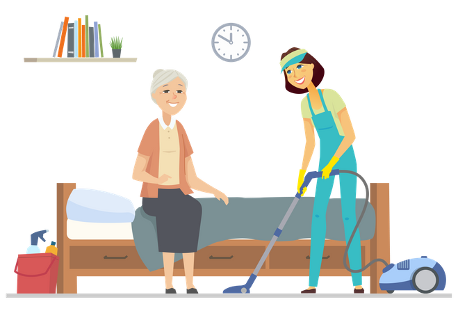 Cleaner helping senior woman  イラスト