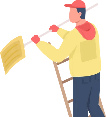Cleaner with shovel on ladder Illustration
