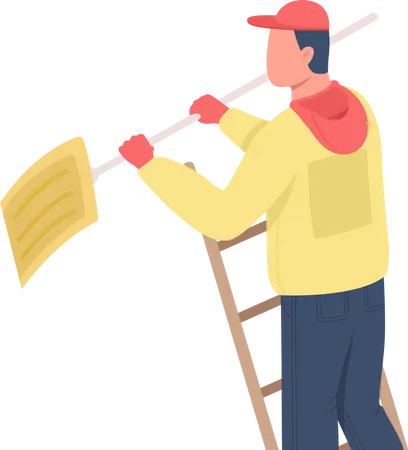 Cleaner with shovel on ladder  Illustration