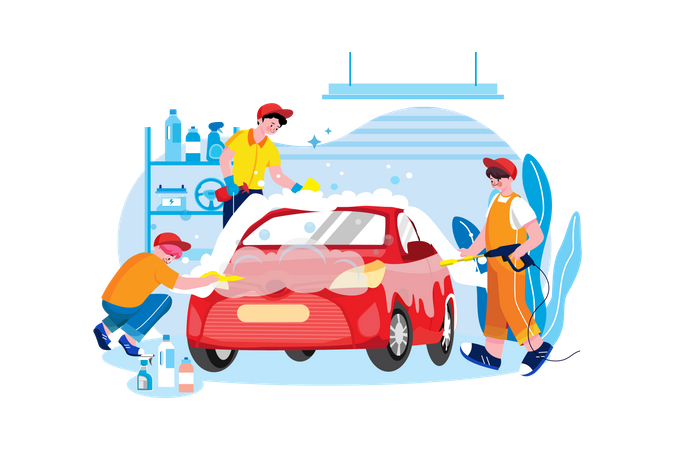 Cleaners Cleaning Car  Illustration