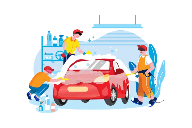 Cleaners Cleaning Car  Illustration