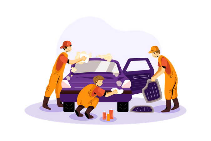 Cleaners Cleaning Car  Illustration