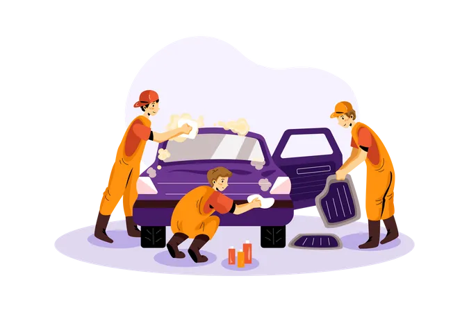 Cleaners Cleaning Car  Illustration