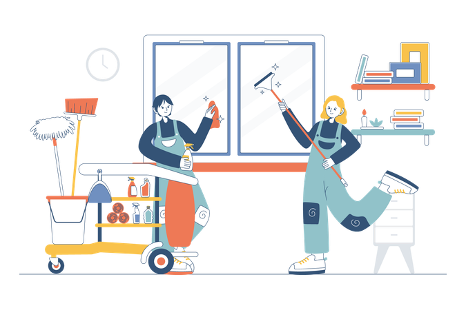 Cleaners Cleaning Office Windows  Illustration