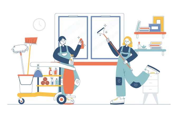 Cleaners Cleaning Office Windows  Illustration