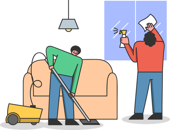 Cleaning Apartment Vacuuming Floor And Clean Window Illustration