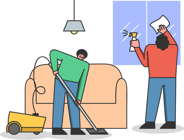 Cleaning Apartment Vacuuming Floor And Clean Window  Illustration