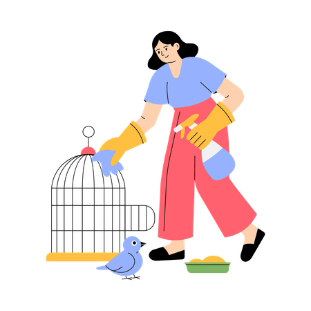 Cleaning birdcage  Illustration
