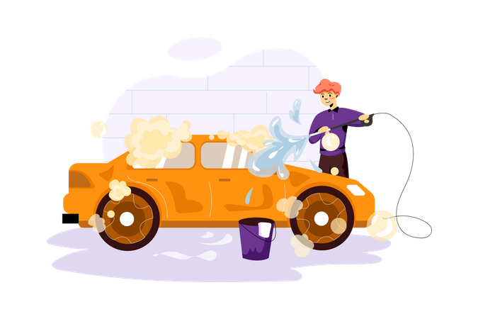 Cleaning car with water spray Illustration
