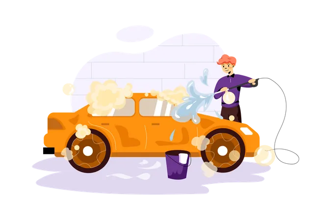 Cleaning car with water spray Illustration