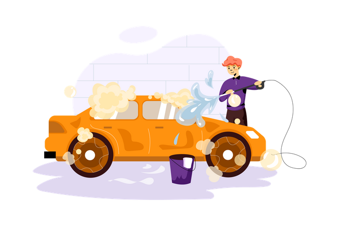 Cleaning car with water spray  Illustration