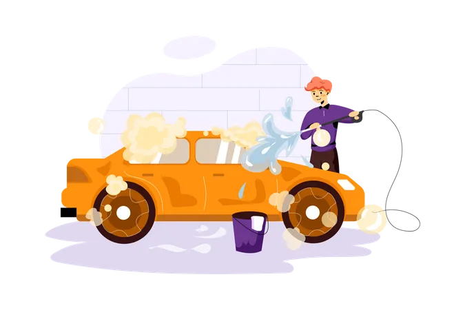 Cleaning car with water spray  Illustration