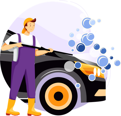 Cleaning car with water spray  Illustration