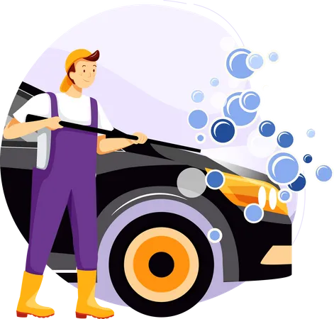 Cleaning car with water spray  Illustration