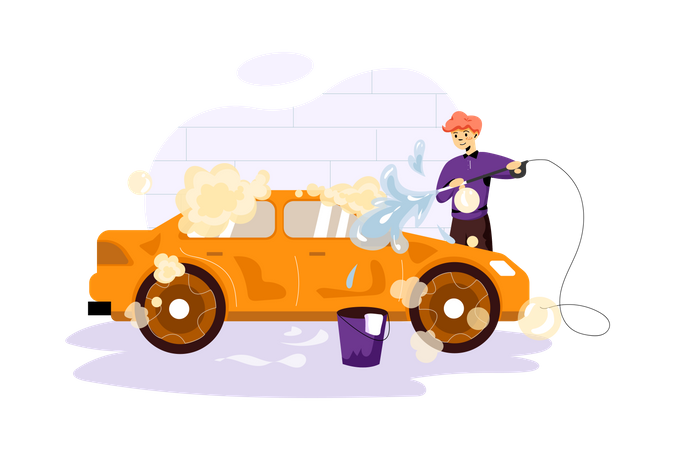 Cleaning car with water spray  Illustration