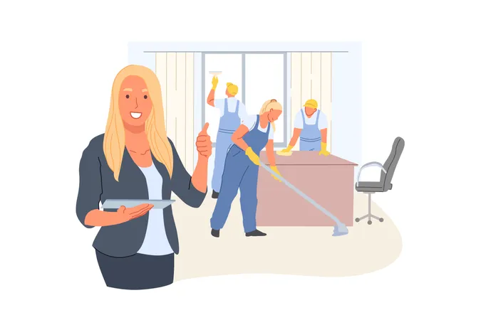 Business Management Cleaning Company Advertising Concept Young Busy People Man Woman Workers Clean The Office By Order Of A Businesswoman Joyful Lady Manager Takes New Order Simple Flat Vector Illustration