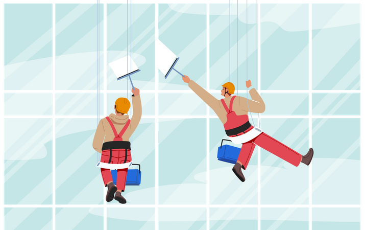 Cleaning Company Service Workers wiping exterior window  Illustration