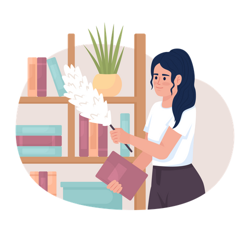 Cleaning dust from bookshelves and books  Illustration