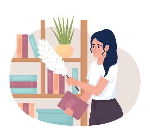 Cleaning dust from bookshelves and books  Illustration