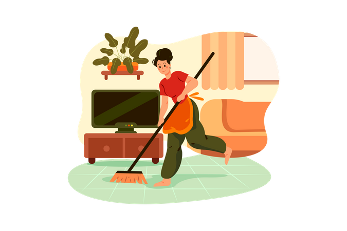 Cleaning man clean house Floor with broomstick  일러스트레이션