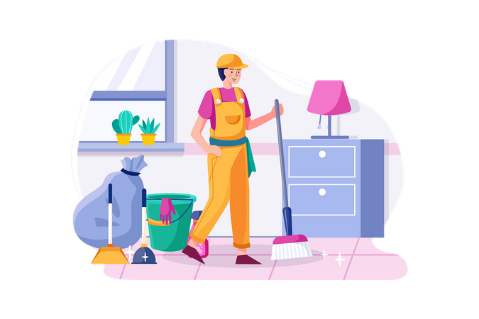 Cleaning man holding broom satisfied with clean house.  Illustration