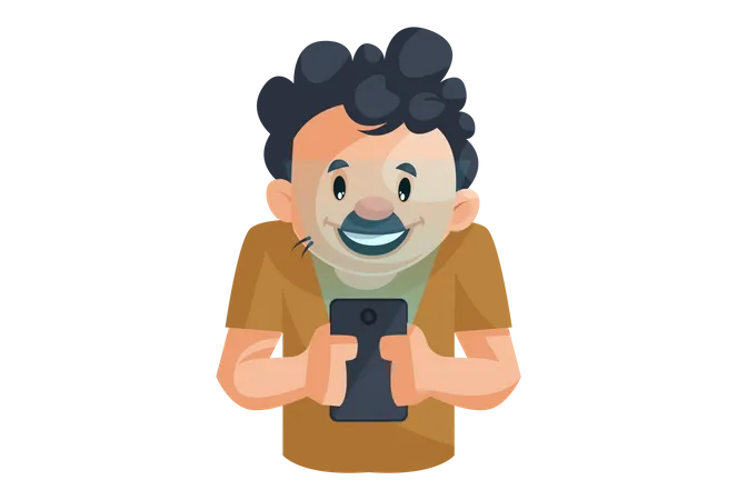 Cleaning man operating mobile phone  Illustration