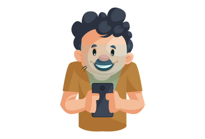 Cleaning man operating mobile phone  Illustration