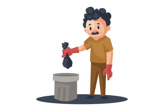 Cleaning man putting garbage in dustbin  Illustration