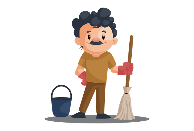 Cleaning man with mop and bucket  Illustration